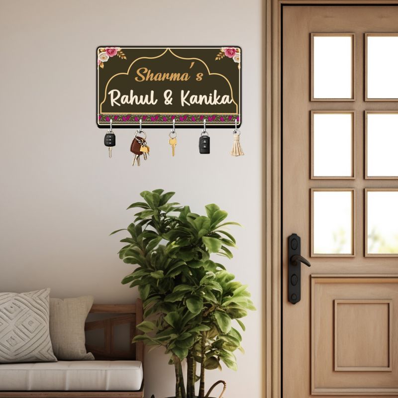 Personalised Nameplate Key Stand with 5 Hooks for Home Entrance Decor